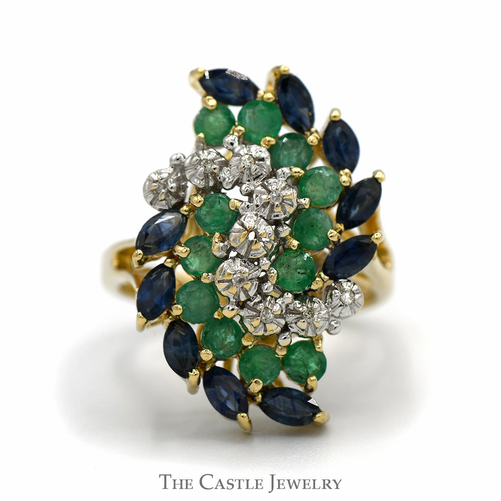 Amazing Art Sturdy Piece Round Diamond, Emerald and Marquise Sapphire Swirled Cluster ring in 14k Yellow Gold Split Shank Setting