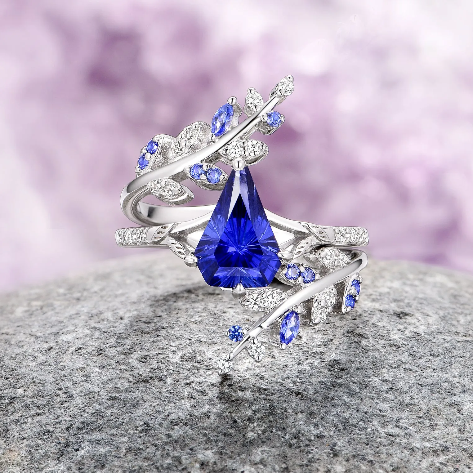 Fantasy Shield Cut Sapphire Leaf Ring Set- Sterling Silver