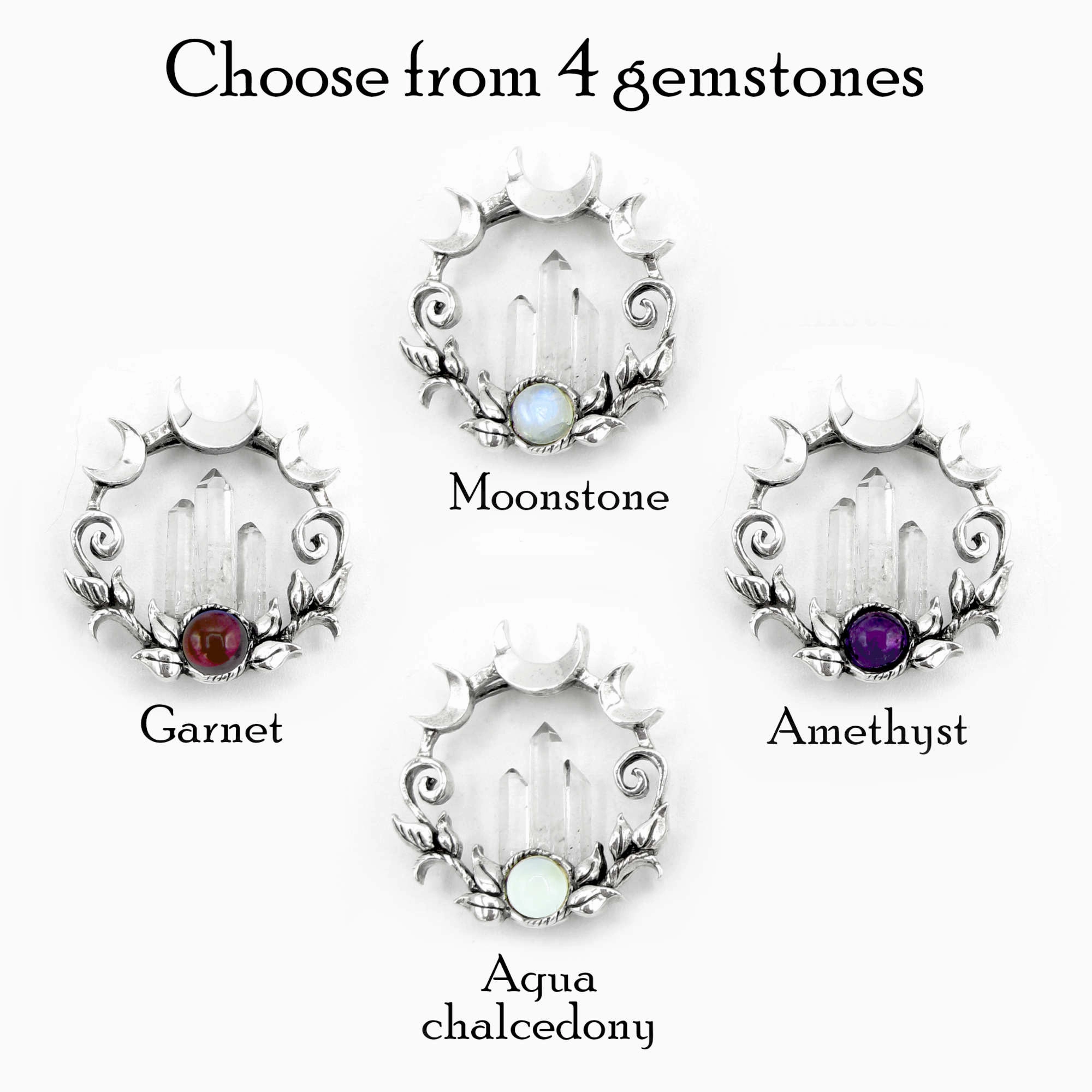 Adult Evening Jewelry Fantasy Moon & Vines Circle Pendant with Raw Quartz Crystals and Gemstone Cabochon, Handmade