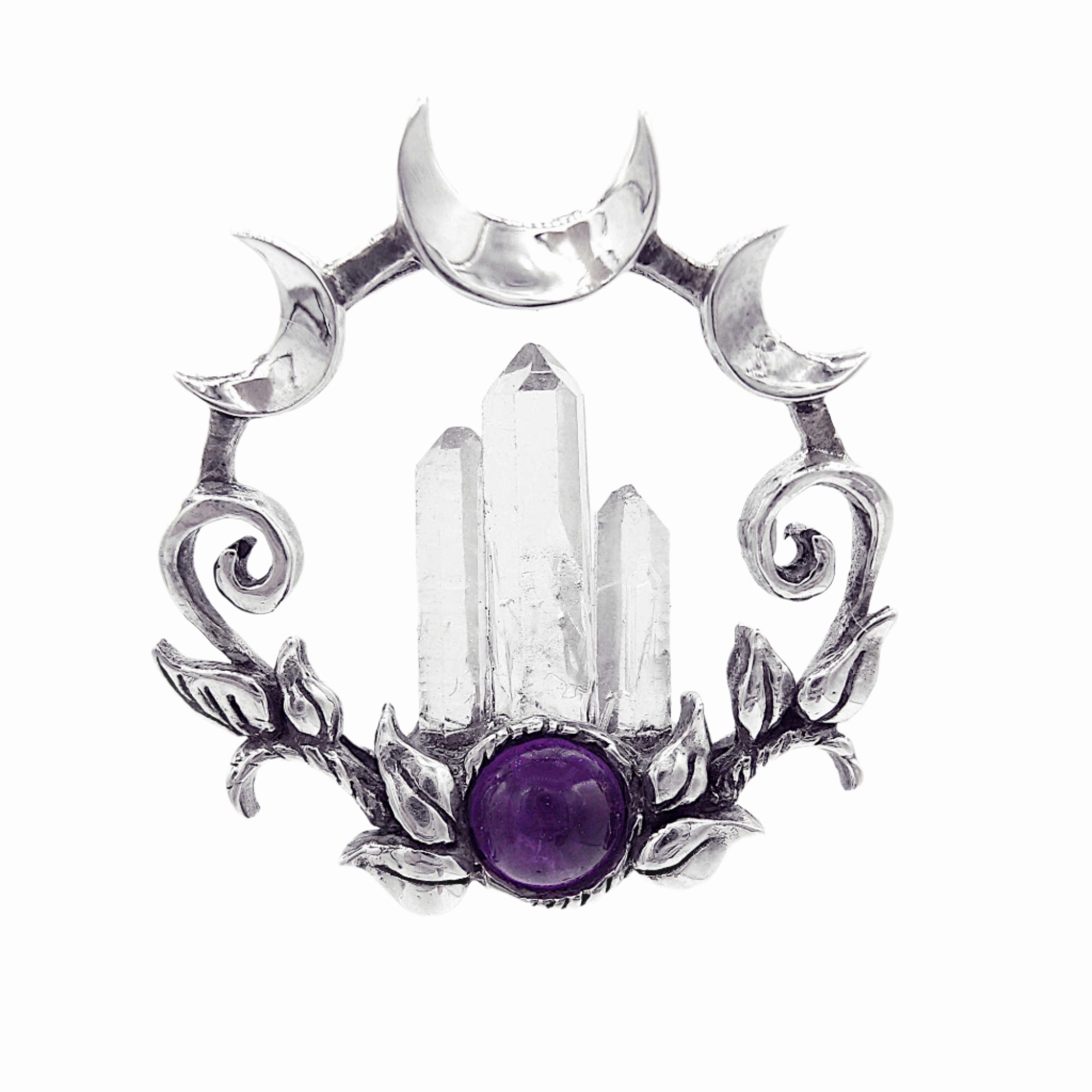 fresh start For Grandma Fantasy Moon & Vines Circle Pendant with Raw Quartz Crystals and Gemstone Cabochon, Handmade