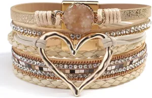 Fashion Braided Leather Wrap Bracelets Bangles Multilayer Resin Stone Hollow Heart Charm Bracelets Women Gift,Beige