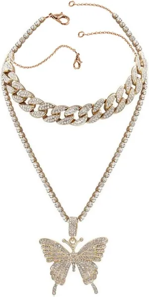 Fashion Crystal Butterfly Pendant Necklace for Women Collarbone Chain Double Layered Necklace (Gold, One Size)