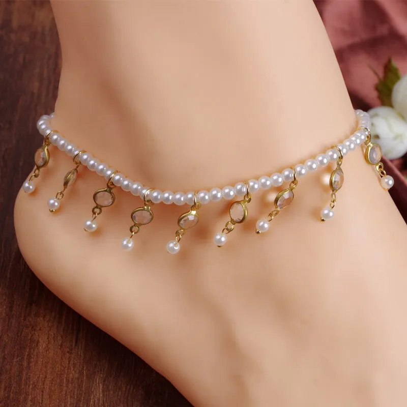 Fashion Foot jewelry adjustable crystal link with pearl anklet gift