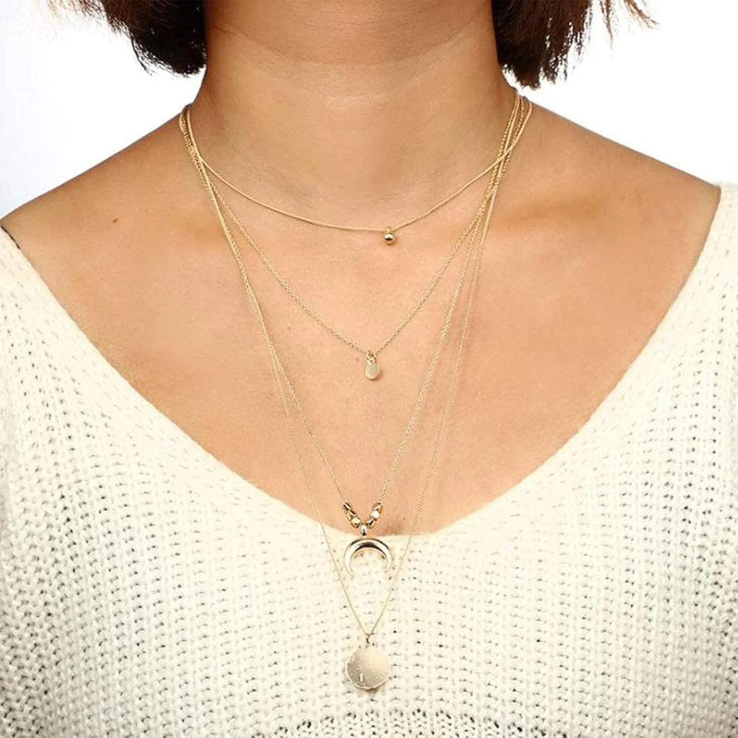Fashion Layered Necklace for Women Boho Choker Moon Pendant Necklace Minimalist Design Layering Necklaces (Gold, One Size)
