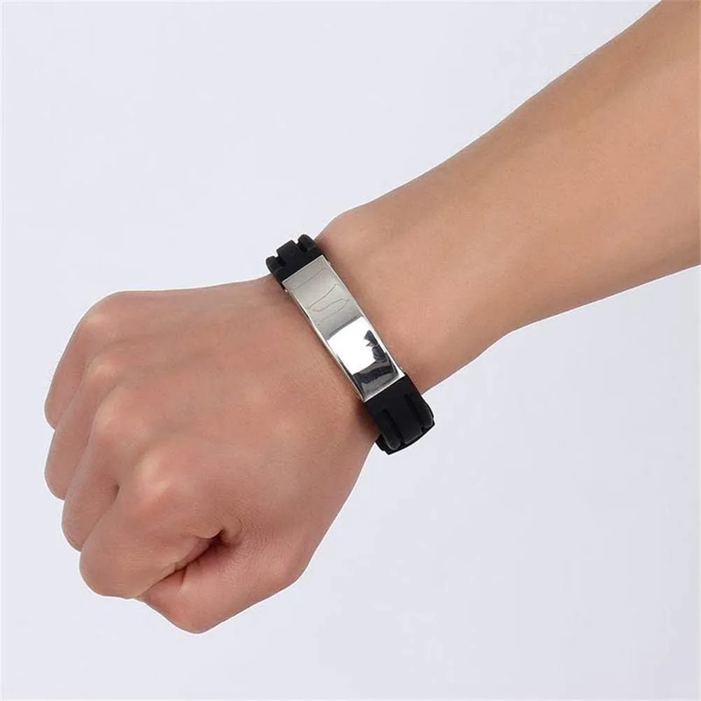 Fashion Month DIY Engraving Bracelets Bangles Cool Black Silicone ID Men Sporty Stainless Steel Jewelry