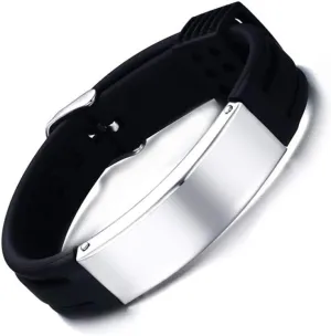 Fashion Month DIY Engraving Bracelets Bangles Cool Black Silicone ID Men Sporty Stainless Steel Jewelry