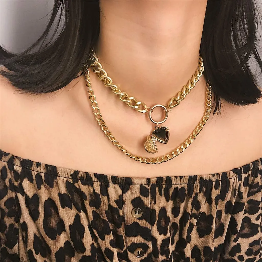 Fashion Women Double Layered Choker Heart Pendant Necklace Layering Chain for Teen Girls