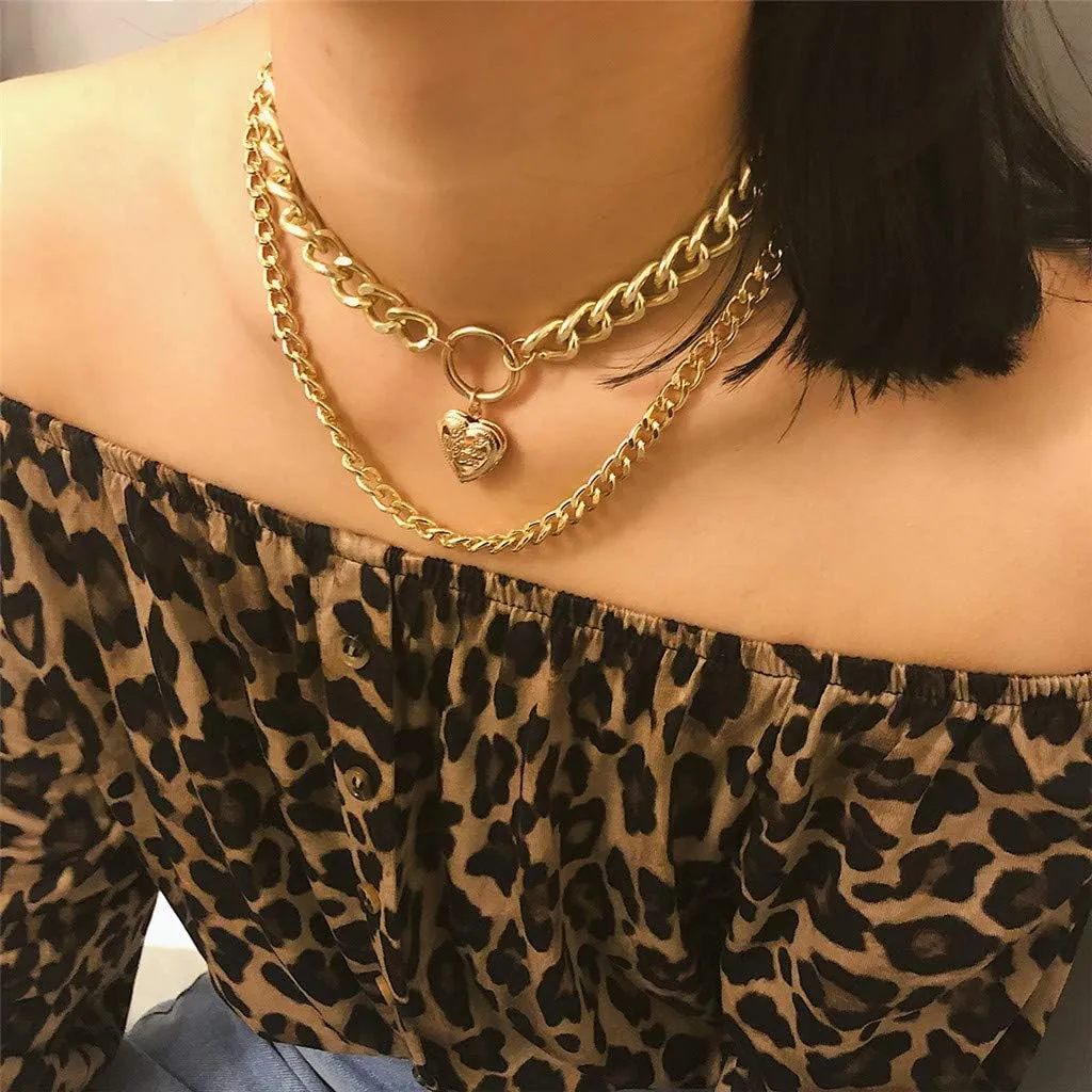 Fashion Women Double Layered Choker Heart Pendant Necklace Layering Chain for Teen Girls