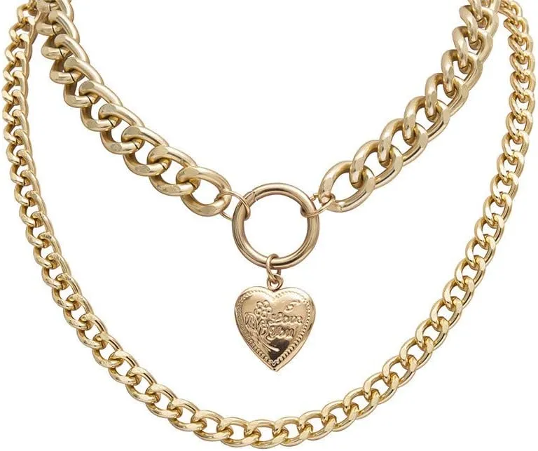 Fashion Women Double Layered Choker Heart Pendant Necklace Layering Chain for Teen Girls