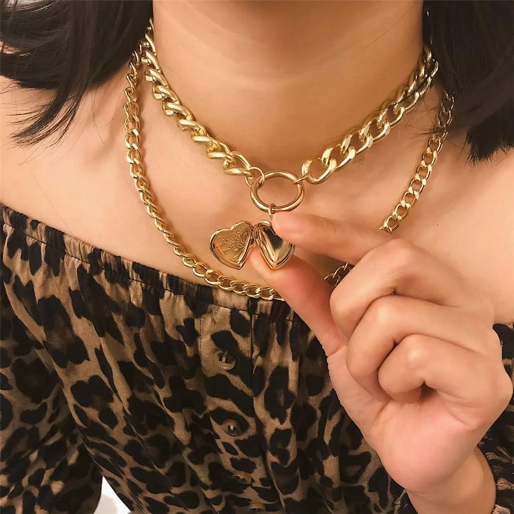 Fashion Women Double Layered Choker Heart Pendant Necklace Layering Chain for Teen Girls