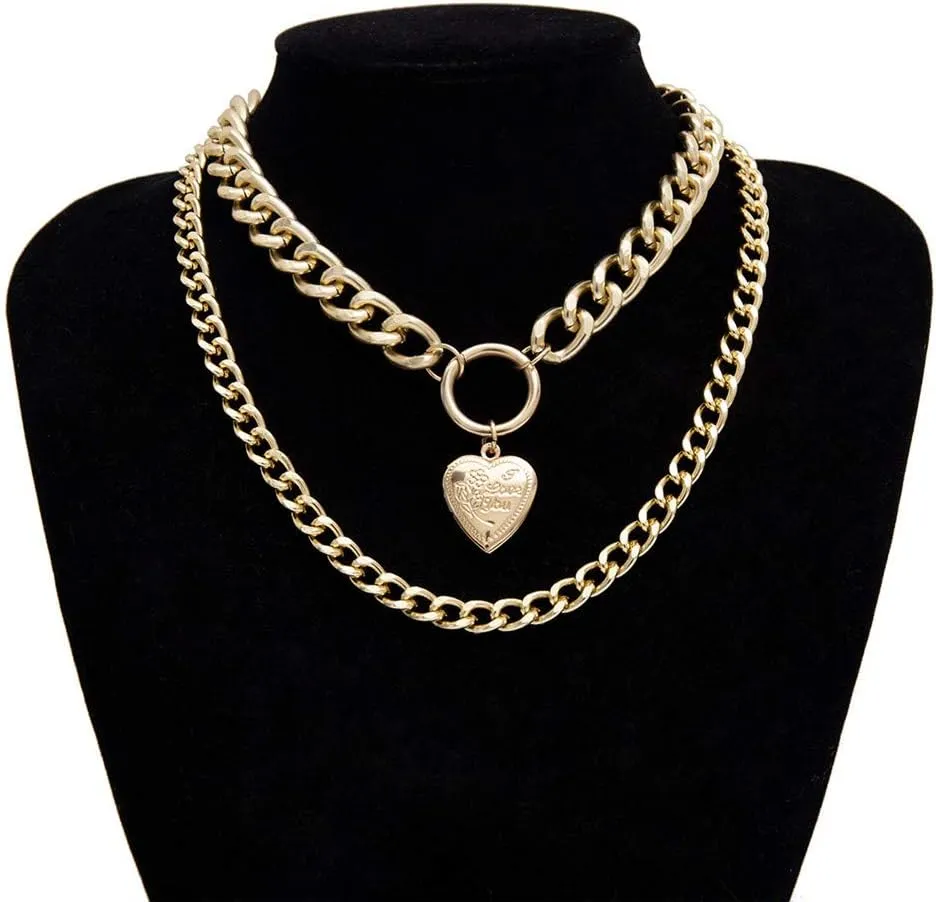 Fashion Women Double Layered Choker Heart Pendant Necklace Layering Chain for Teen Girls