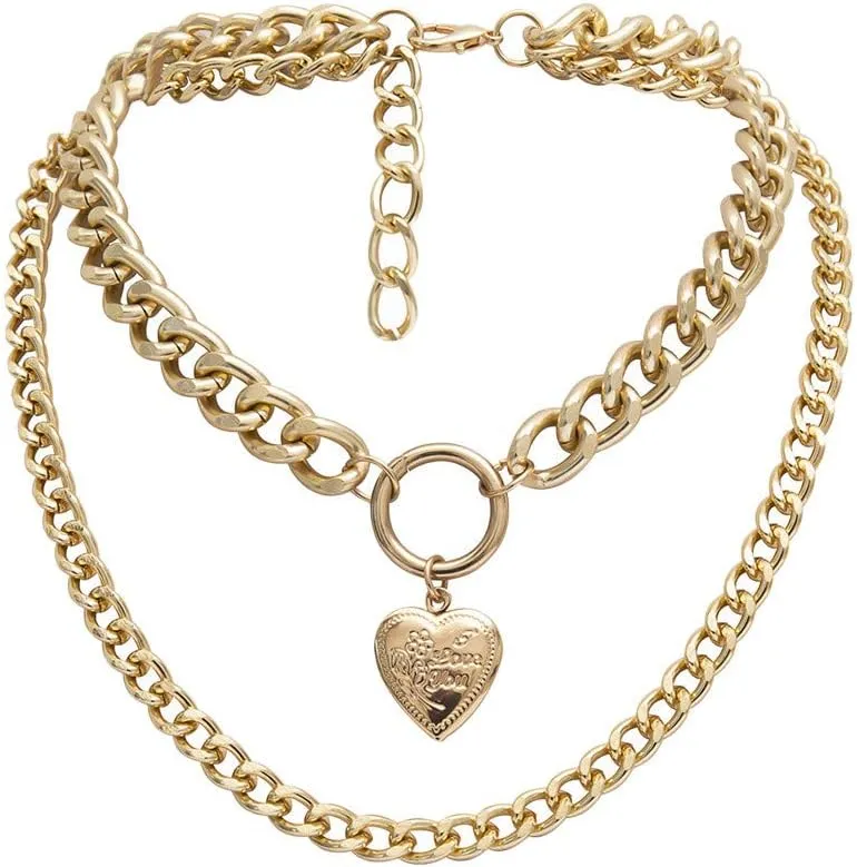 Fashion Women Double Layered Choker Heart Pendant Necklace Layering Chain for Teen Girls