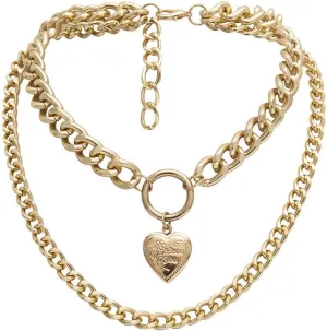 Fashion Women Double Layered Choker Heart Pendant Necklace Layering Chain for Teen Girls