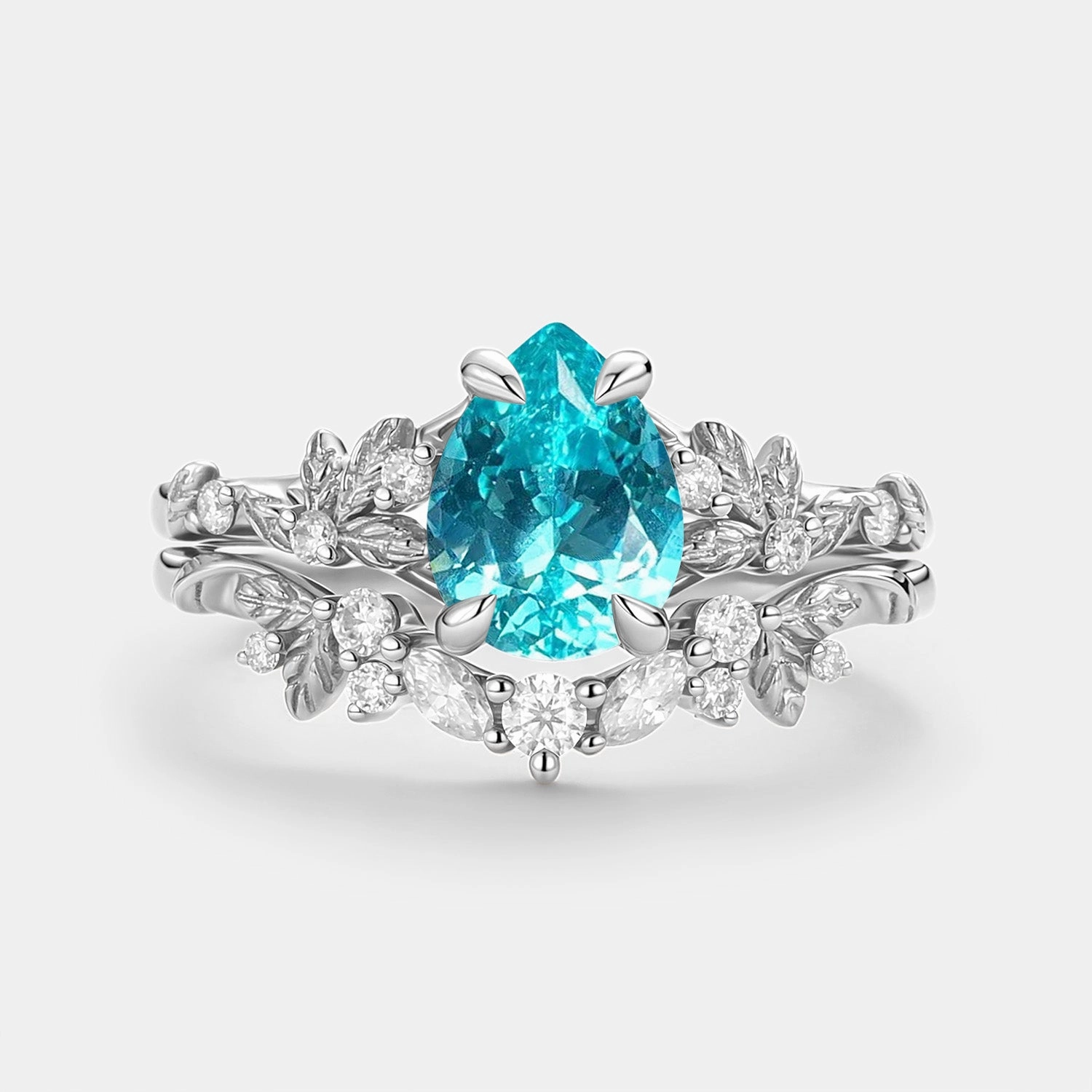 Pear Cut Lab Paraiba Leaf Engagement Ring Set 2pcs - Parea Evening Accent