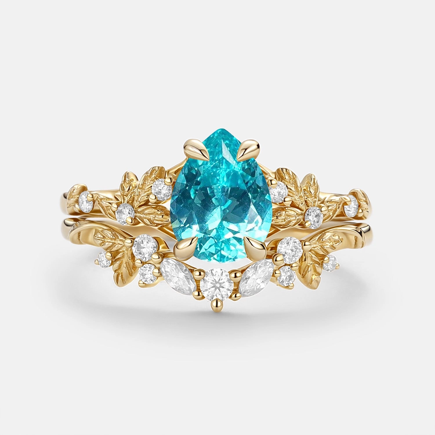 Pear Cut Lab Paraiba Leaf Engagement Ring Set 2pcs - Parea Gift Choice Gift For Her