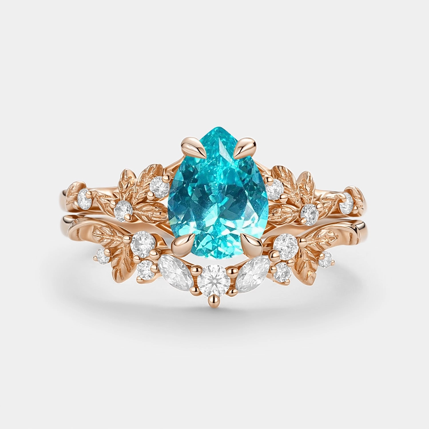 Pear Cut Lab Paraiba Leaf Engagement Ring Set 2pcs - Parea Neutral Mood