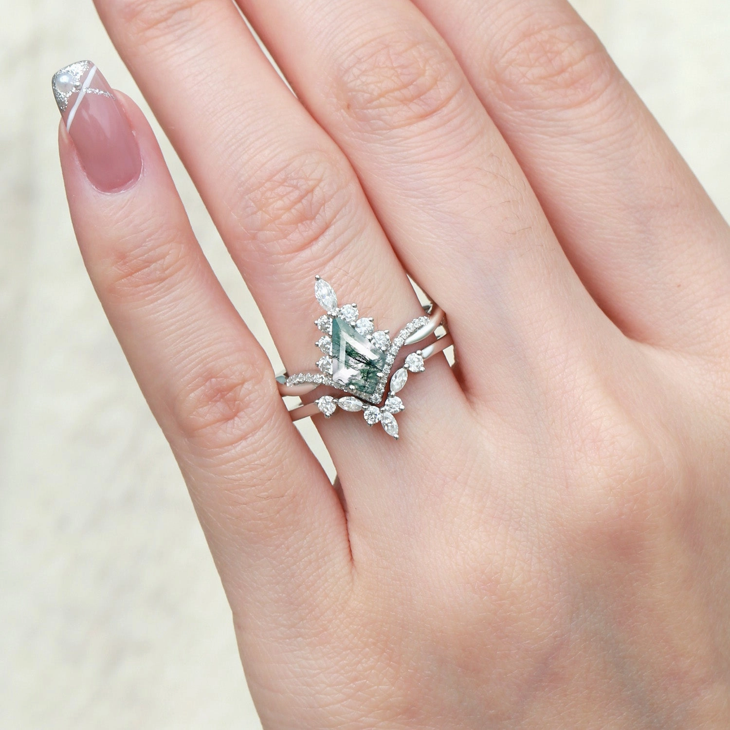 Unique Moss Agate Kite Shape Engagement Ring Sets 2pcs Perfect Layer Daily Essential