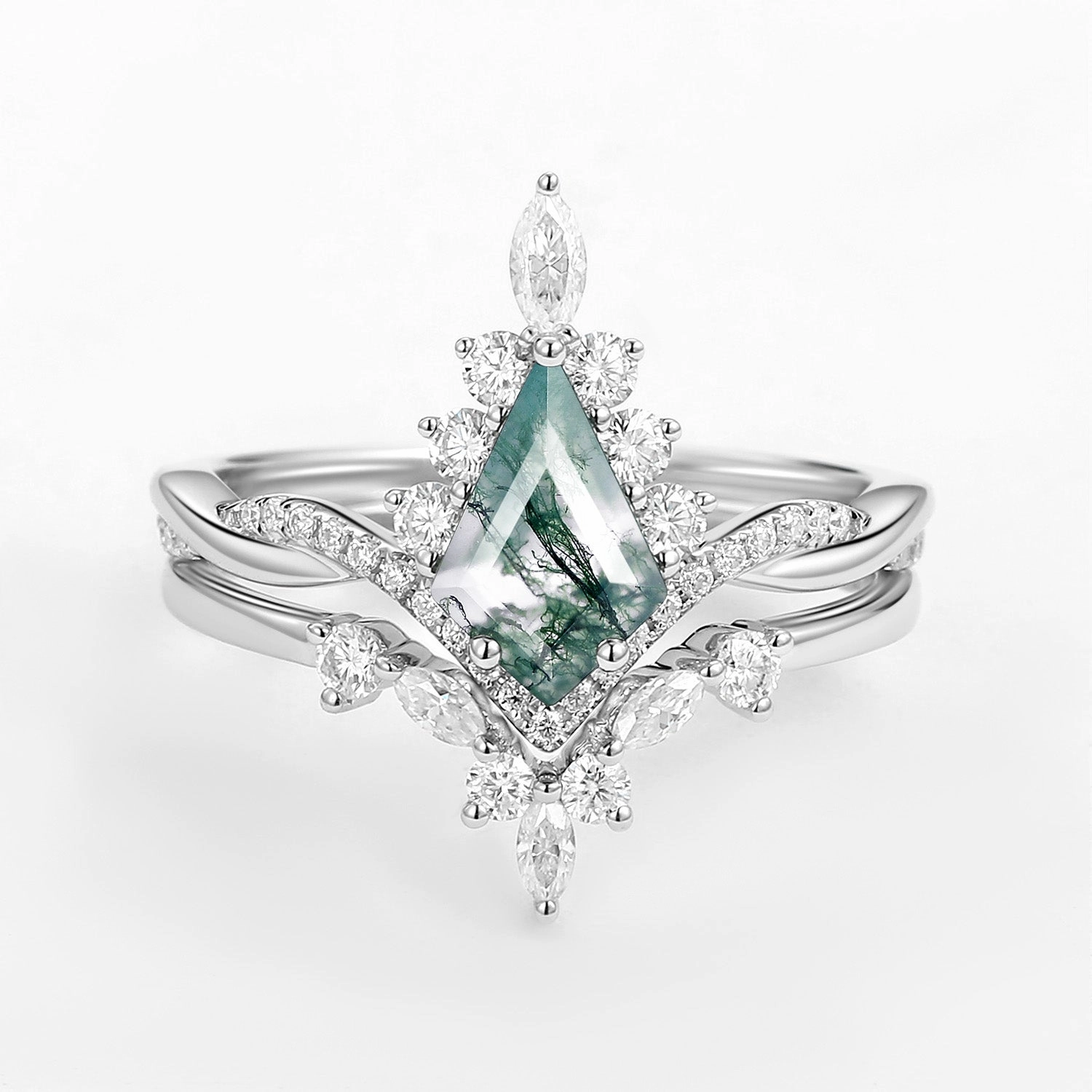 Unique Moss Agate Kite Shape Engagement Ring Sets 2pcs Premium Quality