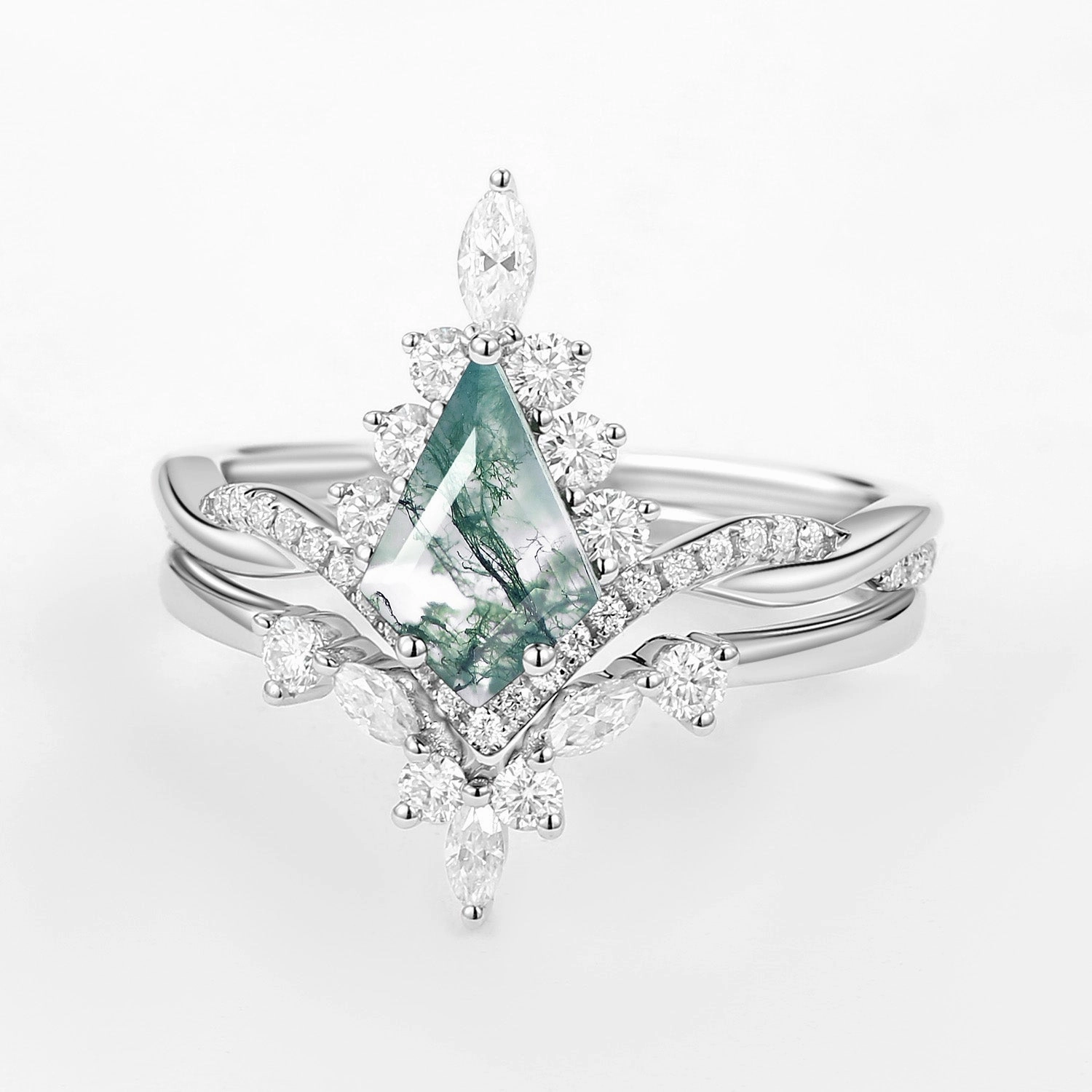 Unique Moss Agate Kite Shape Engagement Ring Sets 2pcs Office Chic