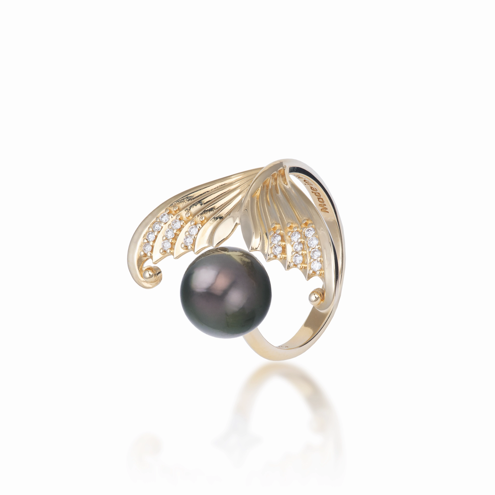 Glam Look Trend Accent Moon Mermaid Tahitian Black Pearl Ring in Gold with Diamonds - 9-10mm
