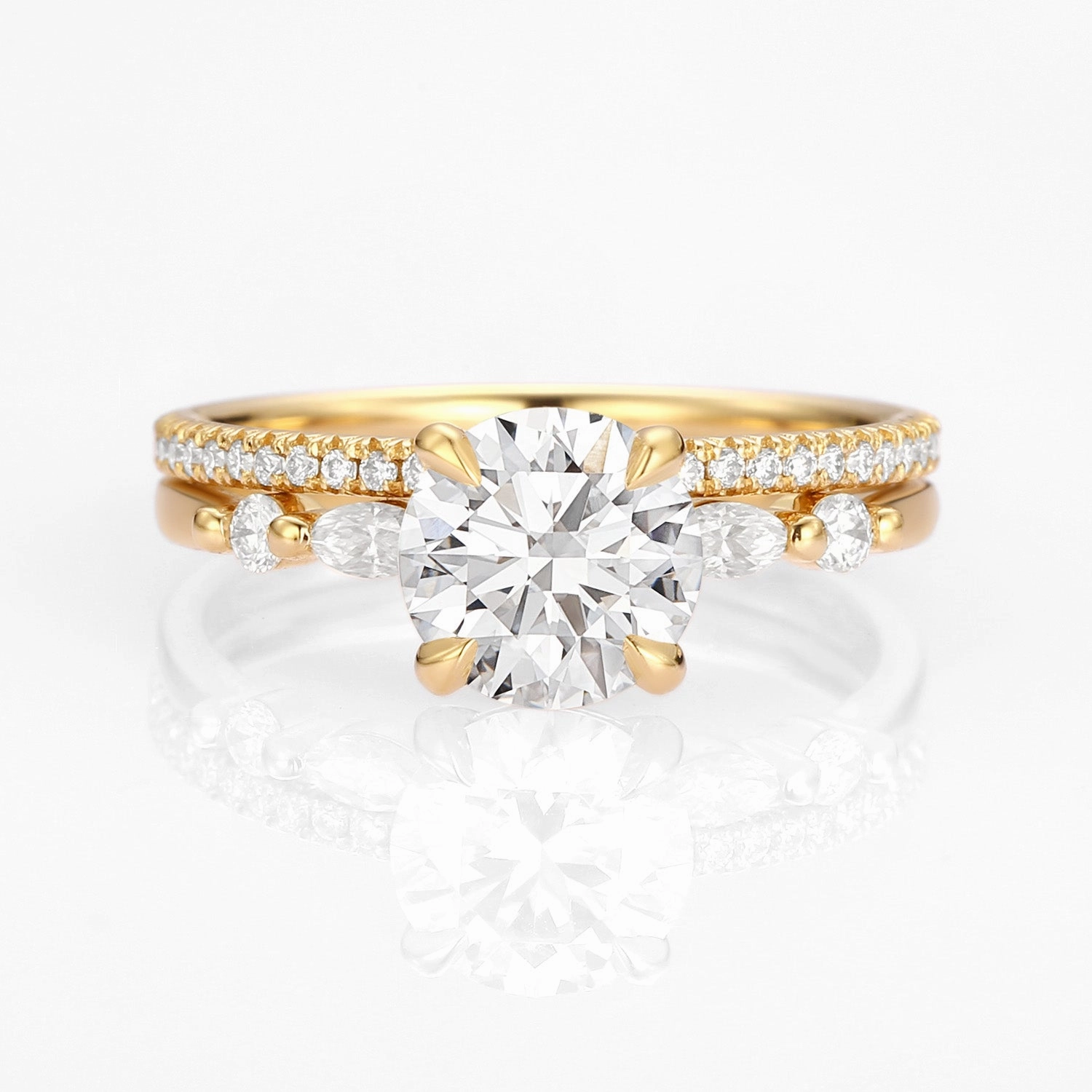 Vintage Accent Modern Contour Classic Round Lab Grown Diamond 4-Prong Ring Set 2pcs - Carla