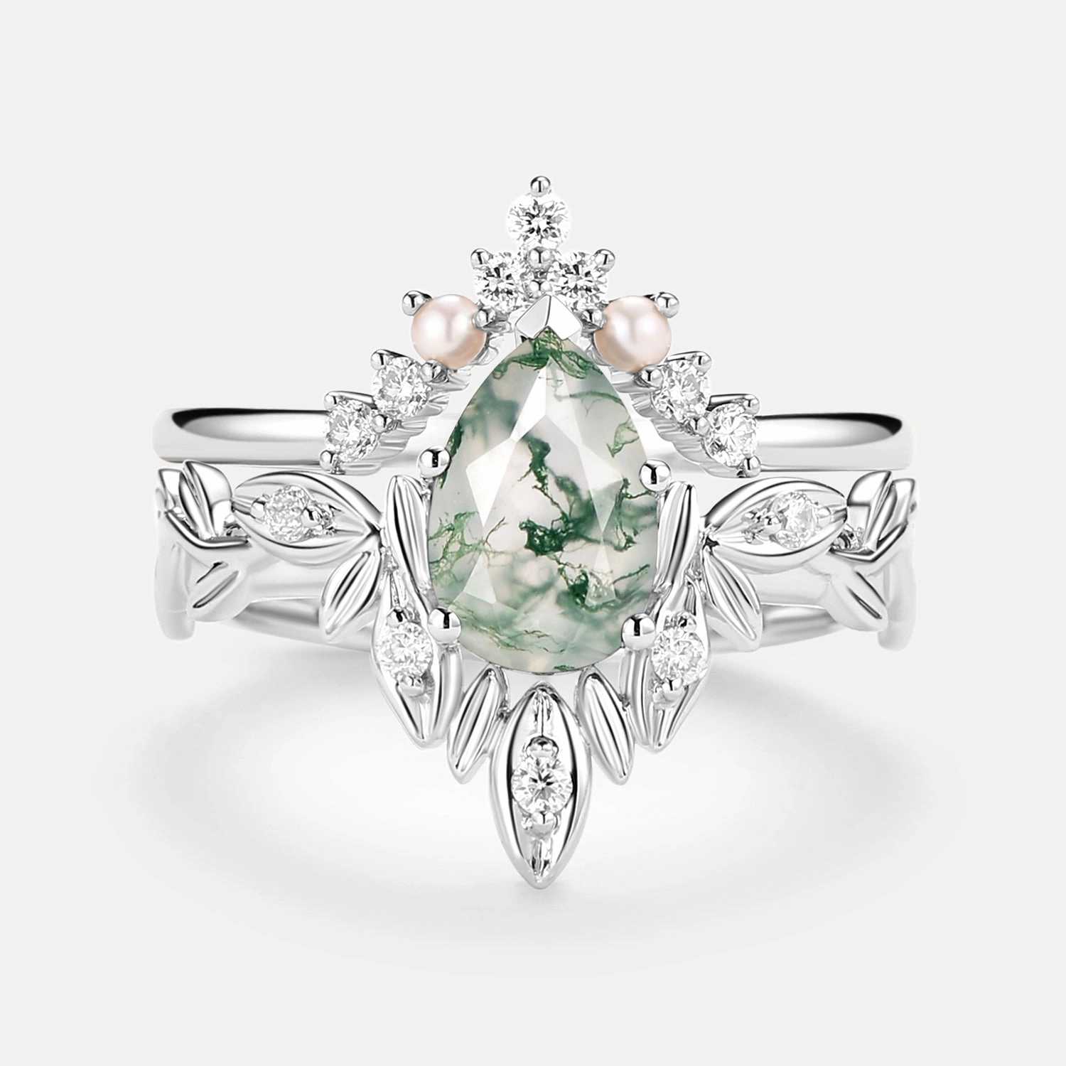 Enduring Charm Fresh Edge Pear Cut Leafy Nature Inspired Moss Agate & Pearl Ring Set 2pcs