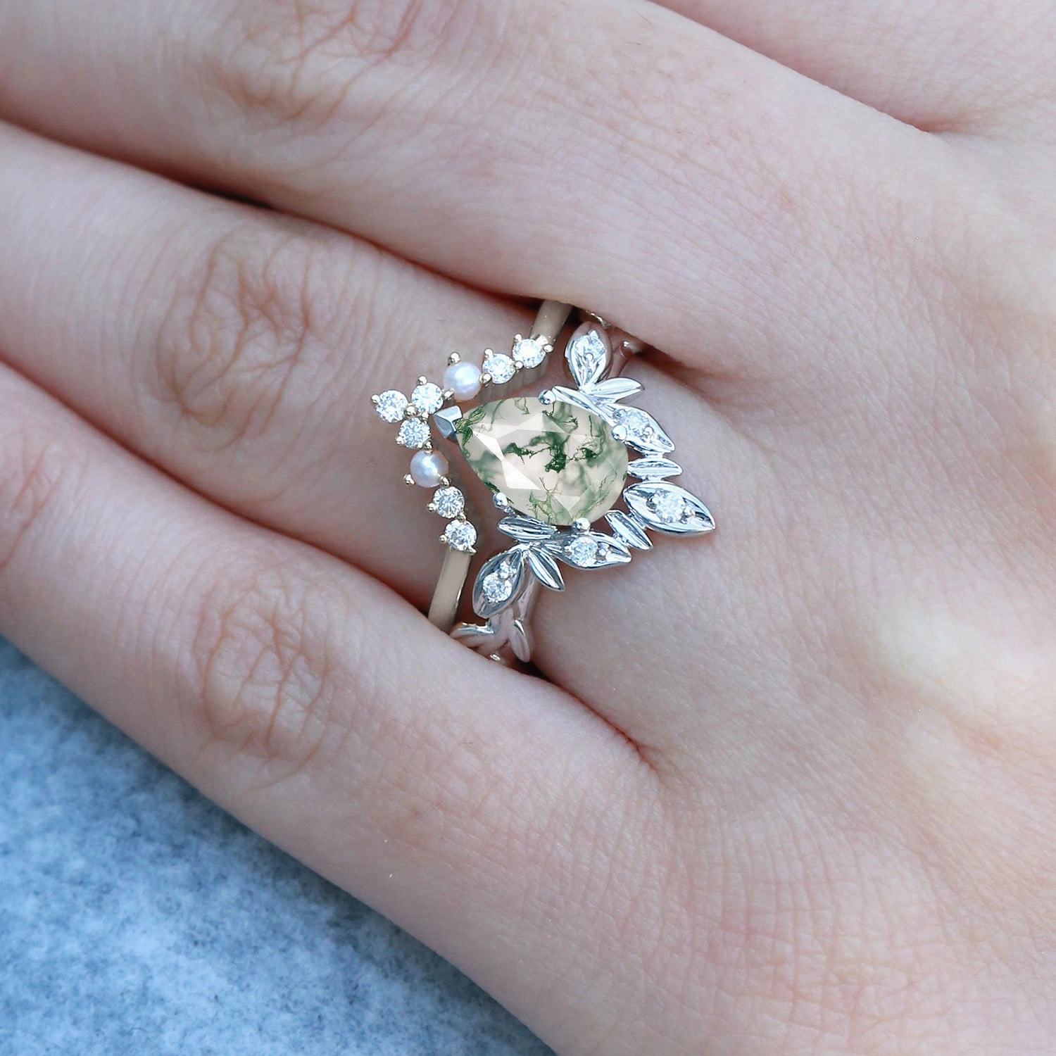 Smooth Shine Pear Cut Leafy Nature Inspired Moss Agate & Pearl Ring Set 2pcs