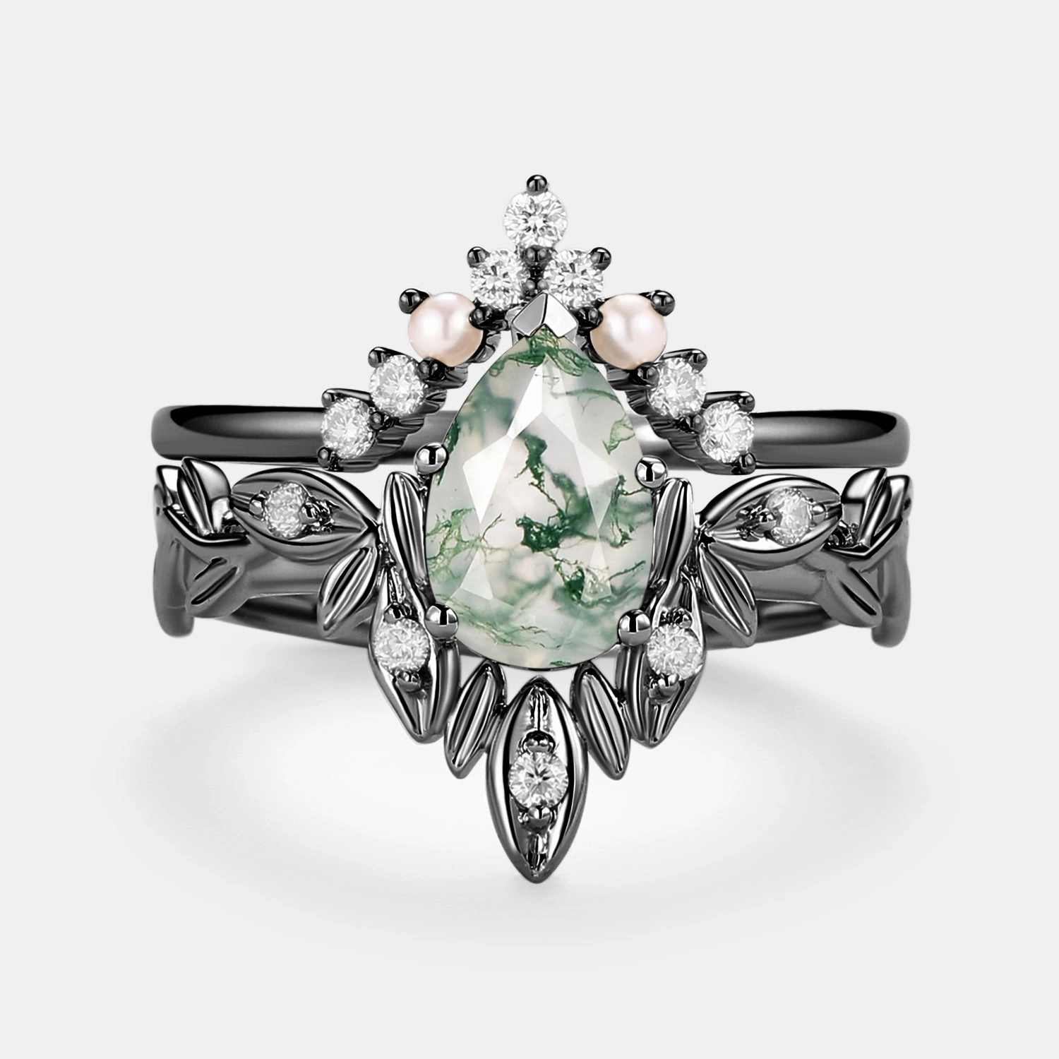 Brilliant Shine Pear Cut Leafy Nature Inspired Moss Agate & Pearl Ring Set 2pcs