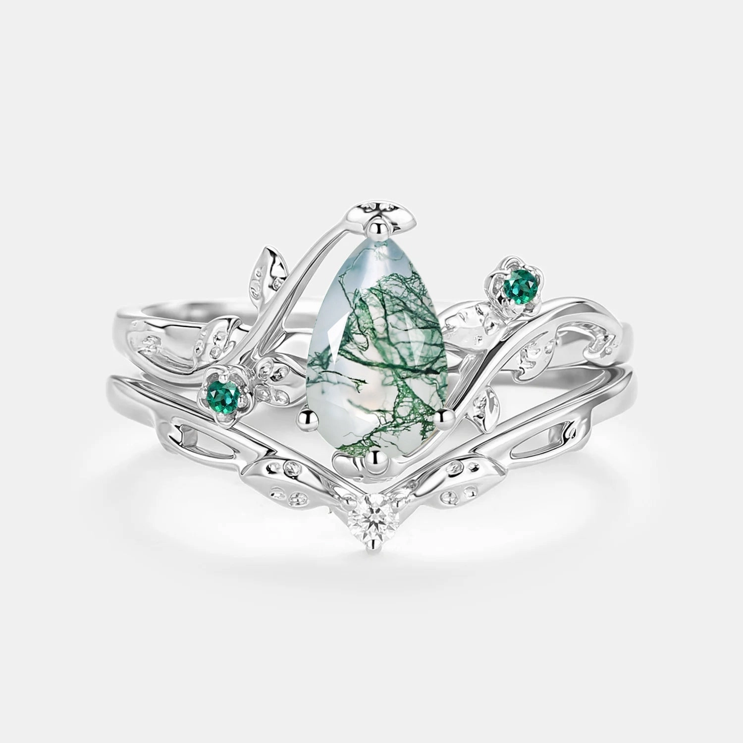 Romantic Detail Studio Shot Leafy & Floral Pear Shaped Moss Agate Engagement Ring Sets 2pcs - Floret