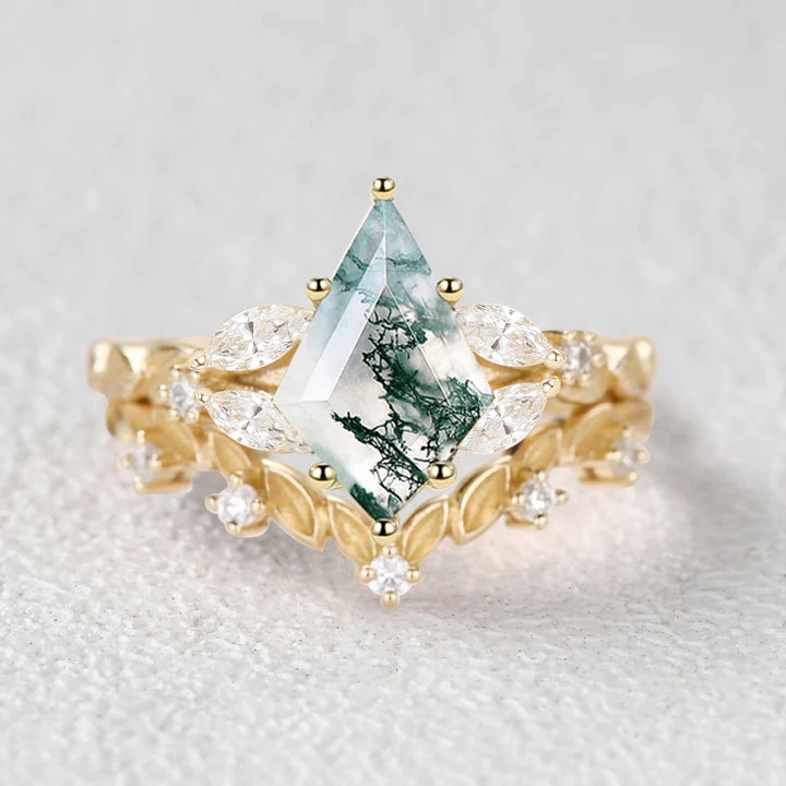 Nature Inspired - Kite Cut Moss Agate Leafy Engagement Ring Set 2pcs Shimmering Glow Trendy Piece