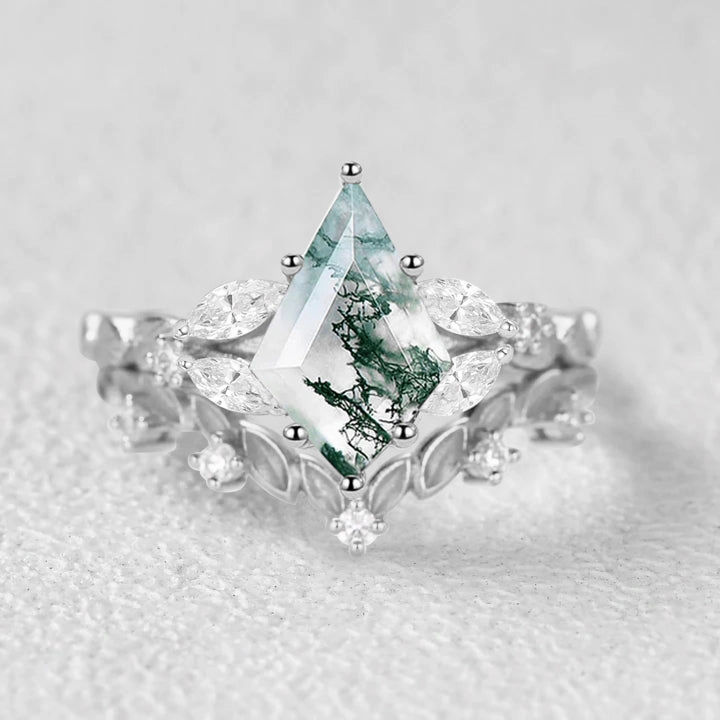 Nature Inspired - Kite Cut Moss Agate Leafy Engagement Ring Set 2pcs Romantic Fashion