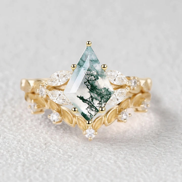 Nature Inspired - Kite Cut Moss Agate Leafy Engagement Ring Set 2pcs Premium Piece