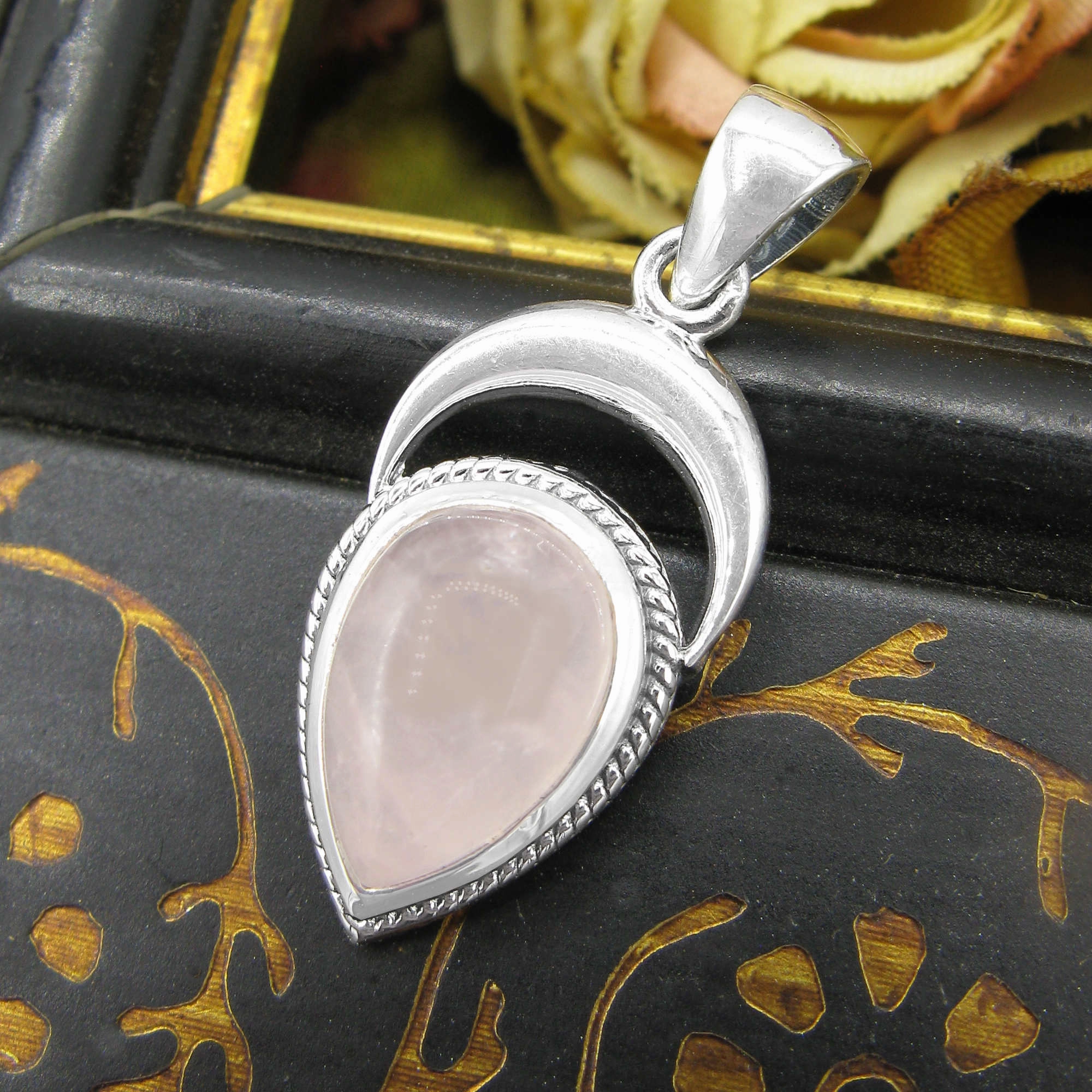 Affordable Accessory Rose Quartz Teardrop With Crescent Moon Pendant