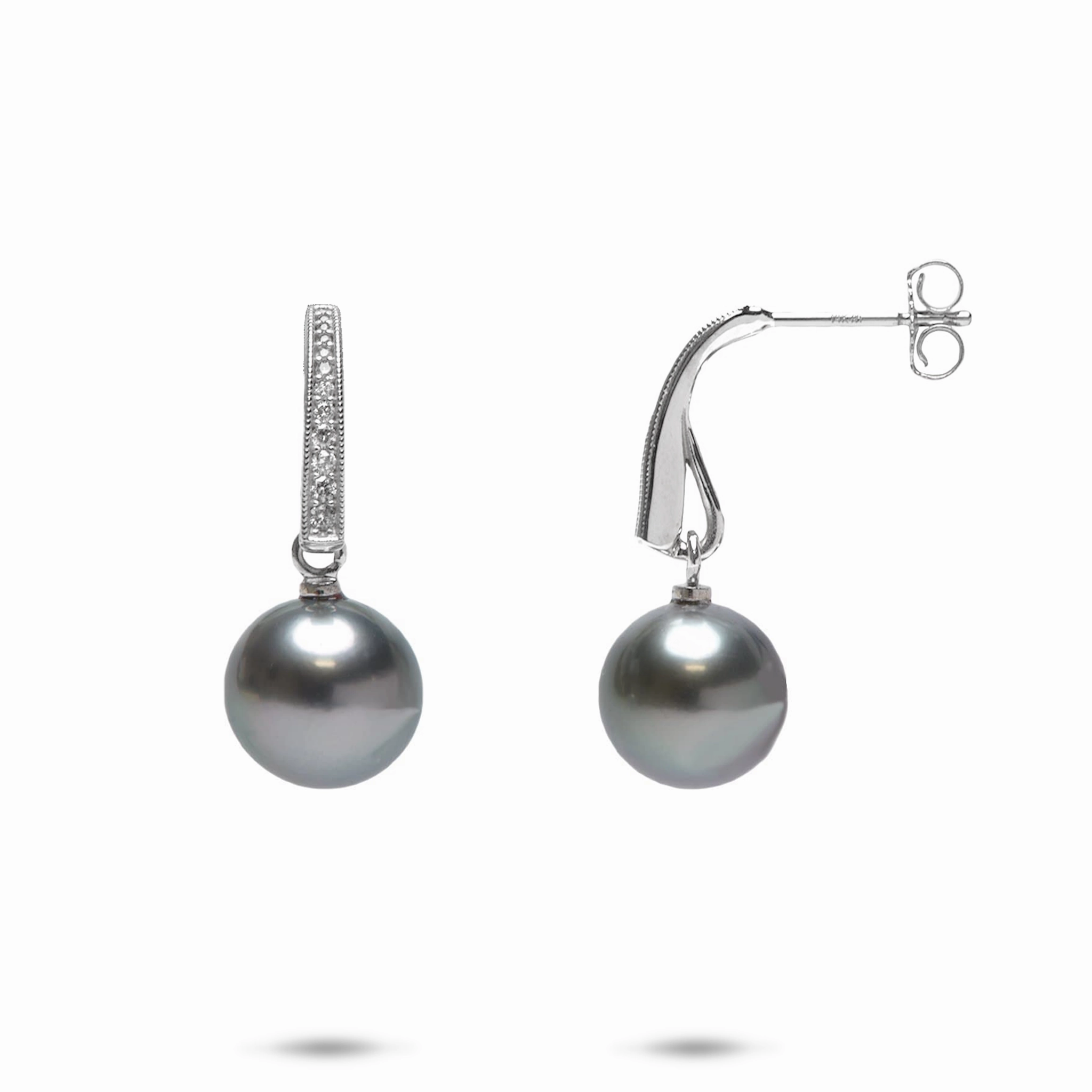 Tahitian Black Pearl Earrings in White Gold with Diamonds - 9-10mm Fashion Design Shining Sparkle