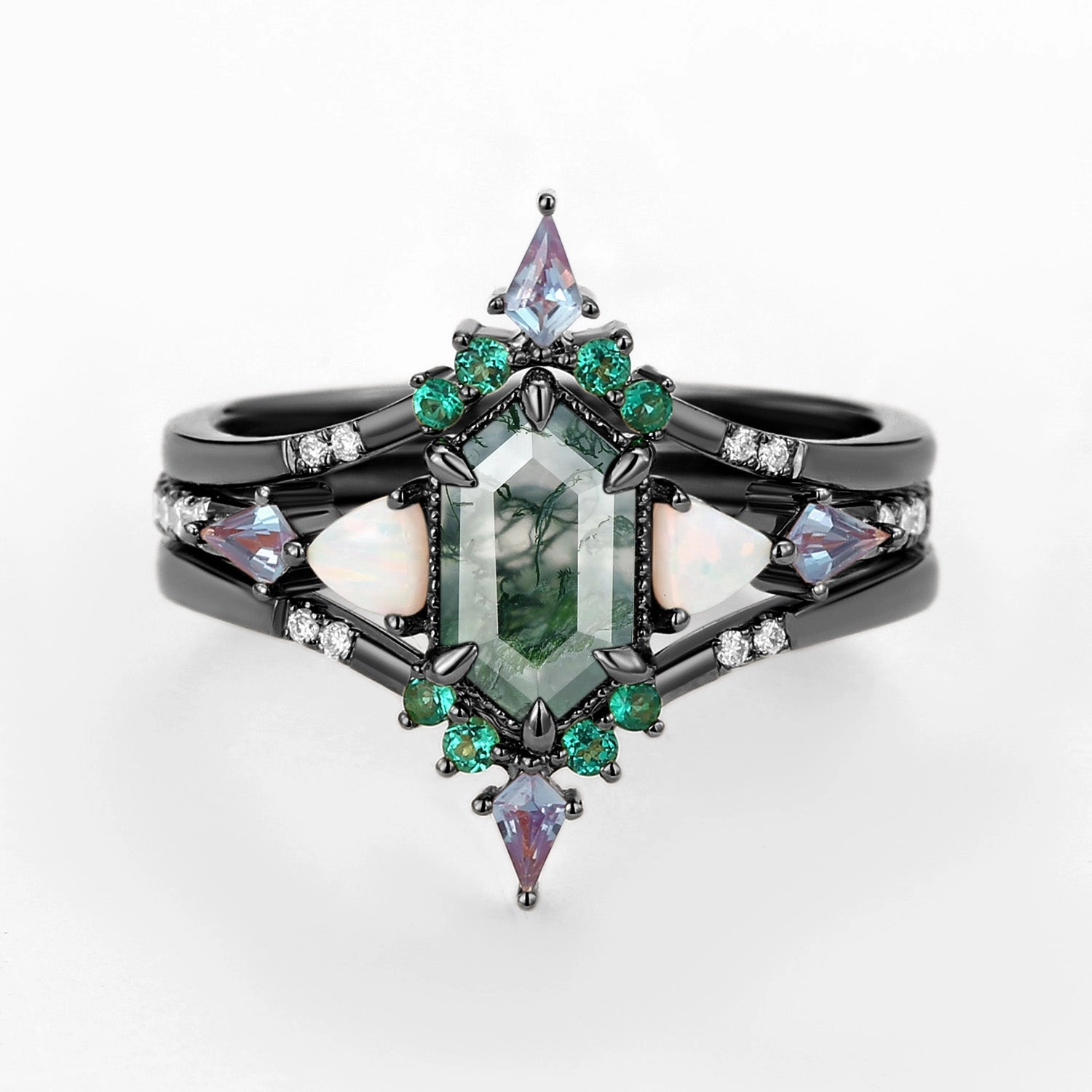 Dainty Form Black Gold Long Hexagon Moss Agate & Opal & Alexandrite & Emerald Ring Set 3pcs - Max
