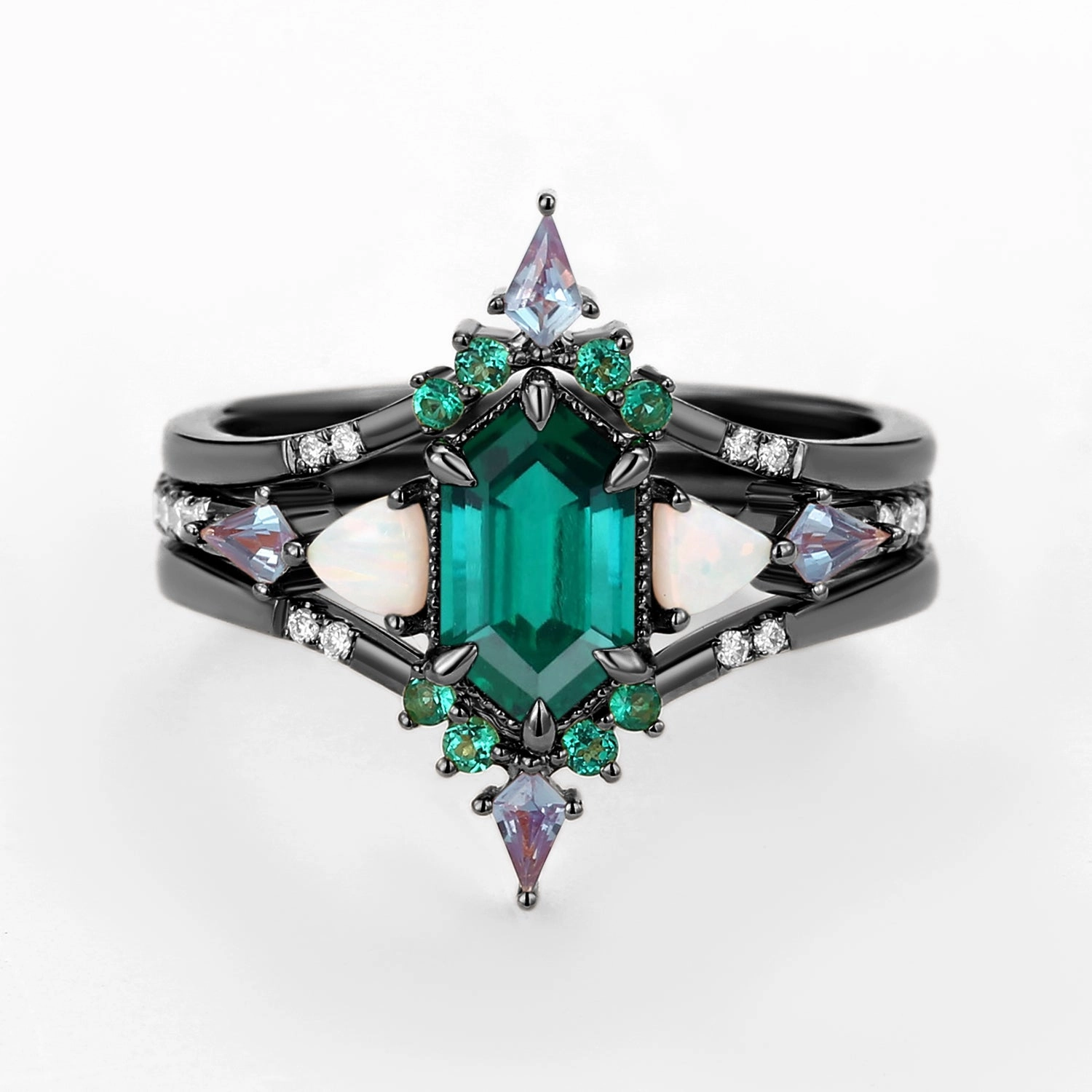 Black Gold Long Hexagon Moss Agate & Opal & Alexandrite & Emerald Ring Set 3pcs - Max Quick Layer Classic Trend