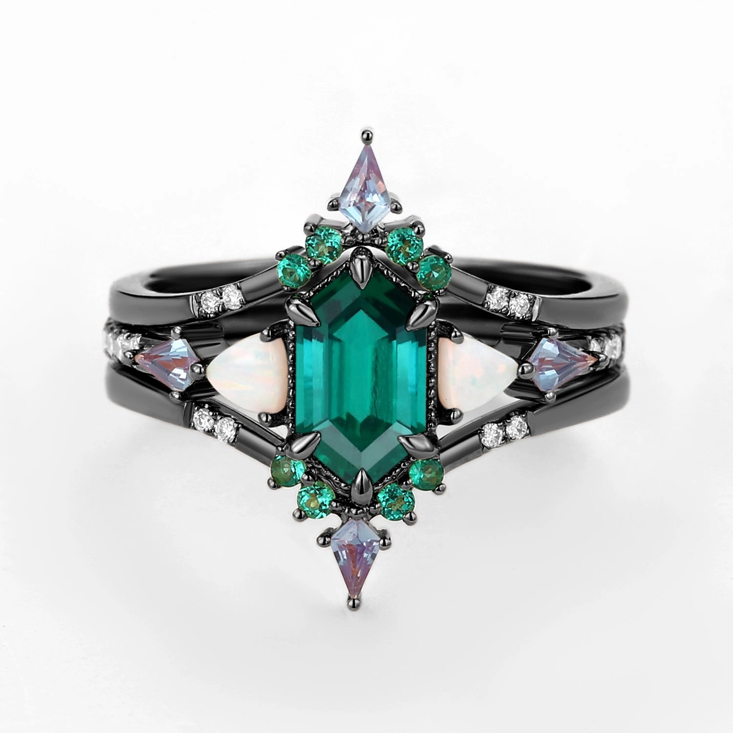Artisan Made Black Gold Long Hexagon Moss Agate & Opal & Alexandrite & Emerald Ring Set 3pcs - Max