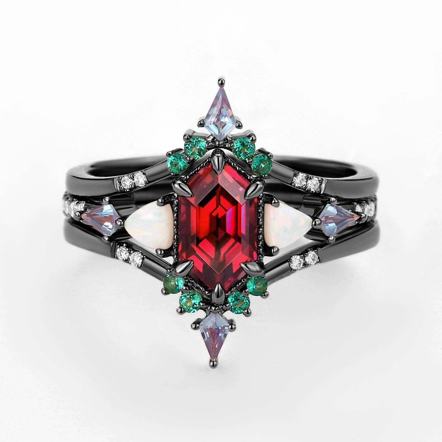 Daily Fashion Distinctive Style Pieces Black Gold Long Hexagon Moss Agate & Opal & Alexandrite & Emerald Ring Set 3pcs - Max