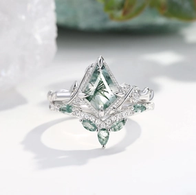 Kite Cut Nature Moss Agate Leafy Engagement Ring Set 2pcs - Lark Subtle Spark Luxury Vibe