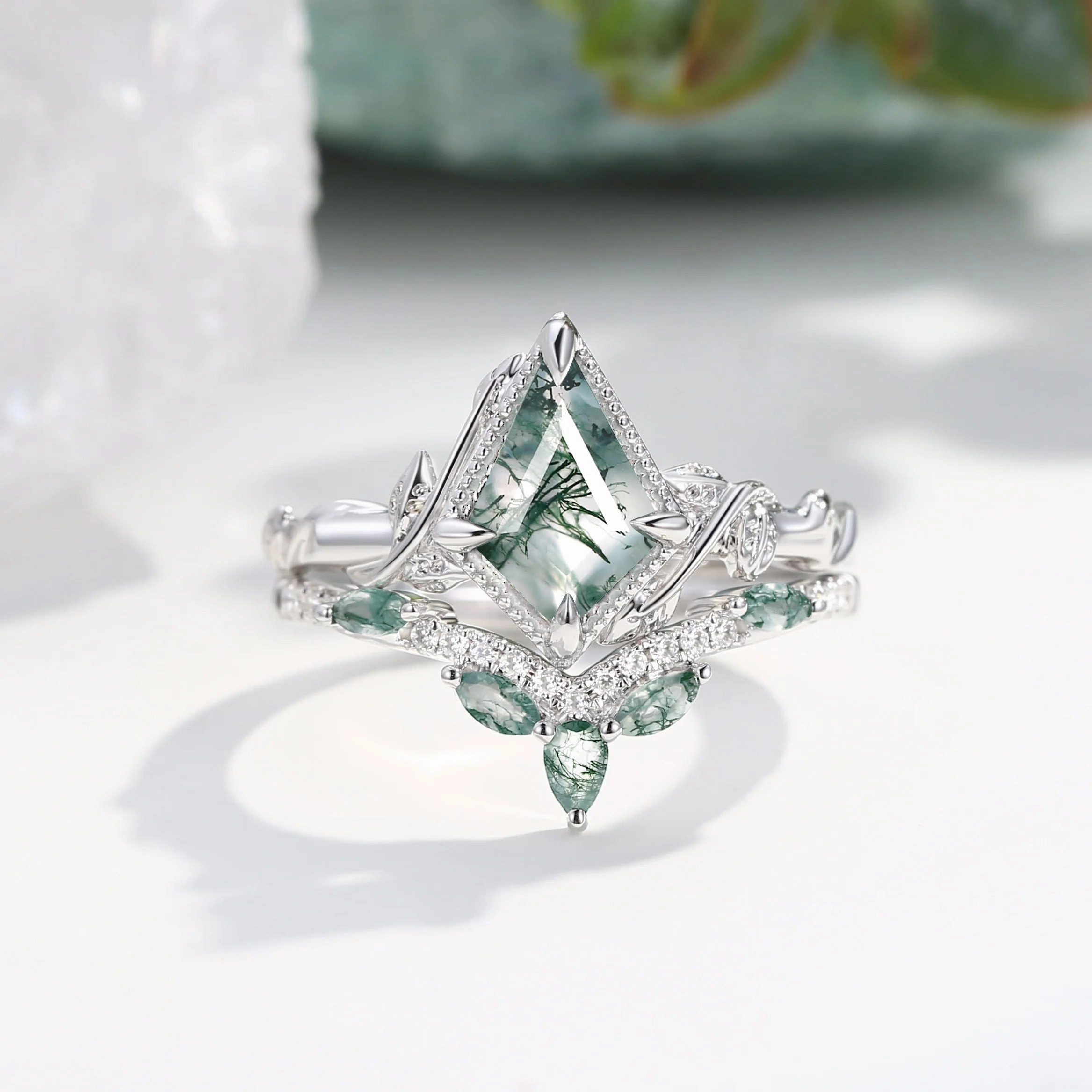 Kite Cut Nature Moss Agate Leafy Engagement Ring Set 2pcs - Lark Subtle Spark Luxury Vibe