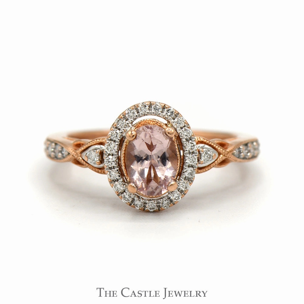 Ornate Adornment Sparkling Embellishment Oval Morganite Ring with Diamond Halo and Accented Sides in 10k Rose Gold