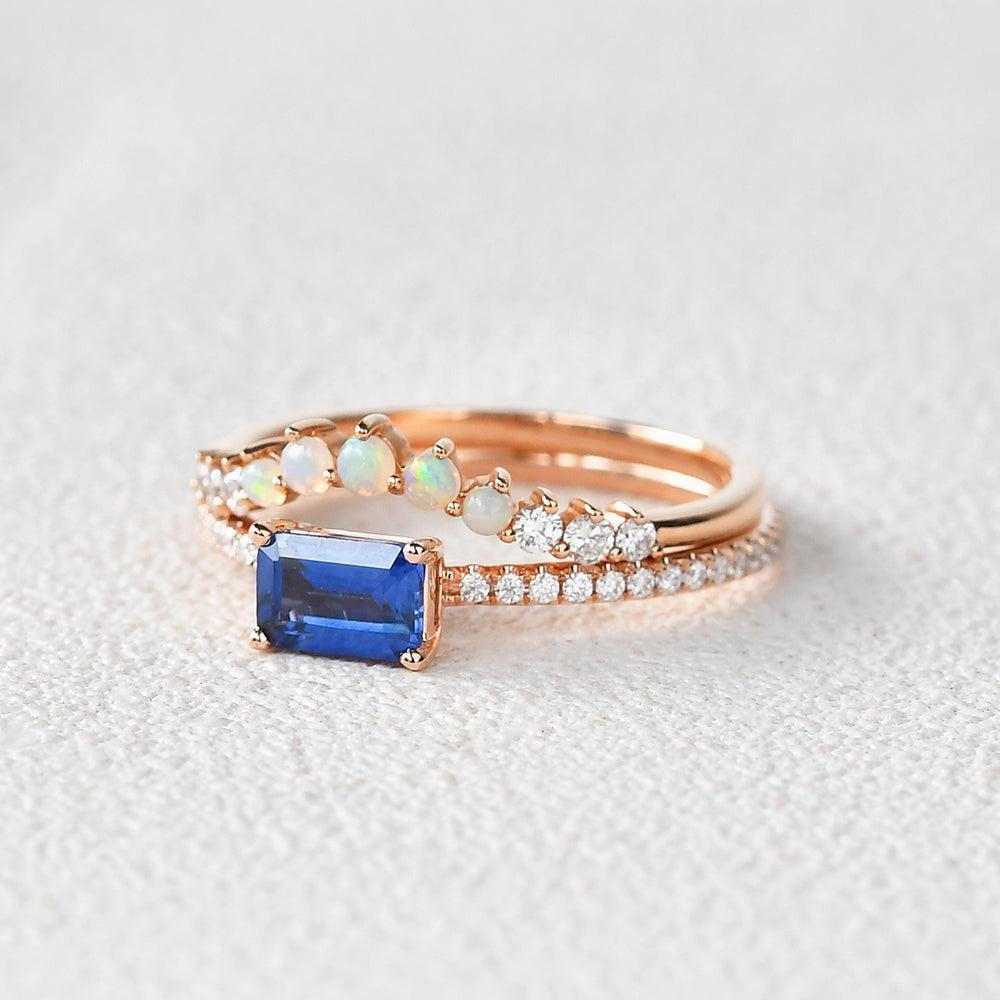 Felicegals Baguette Cut Sapphire & Opal Rinig Set 2pcs Stylish pieces