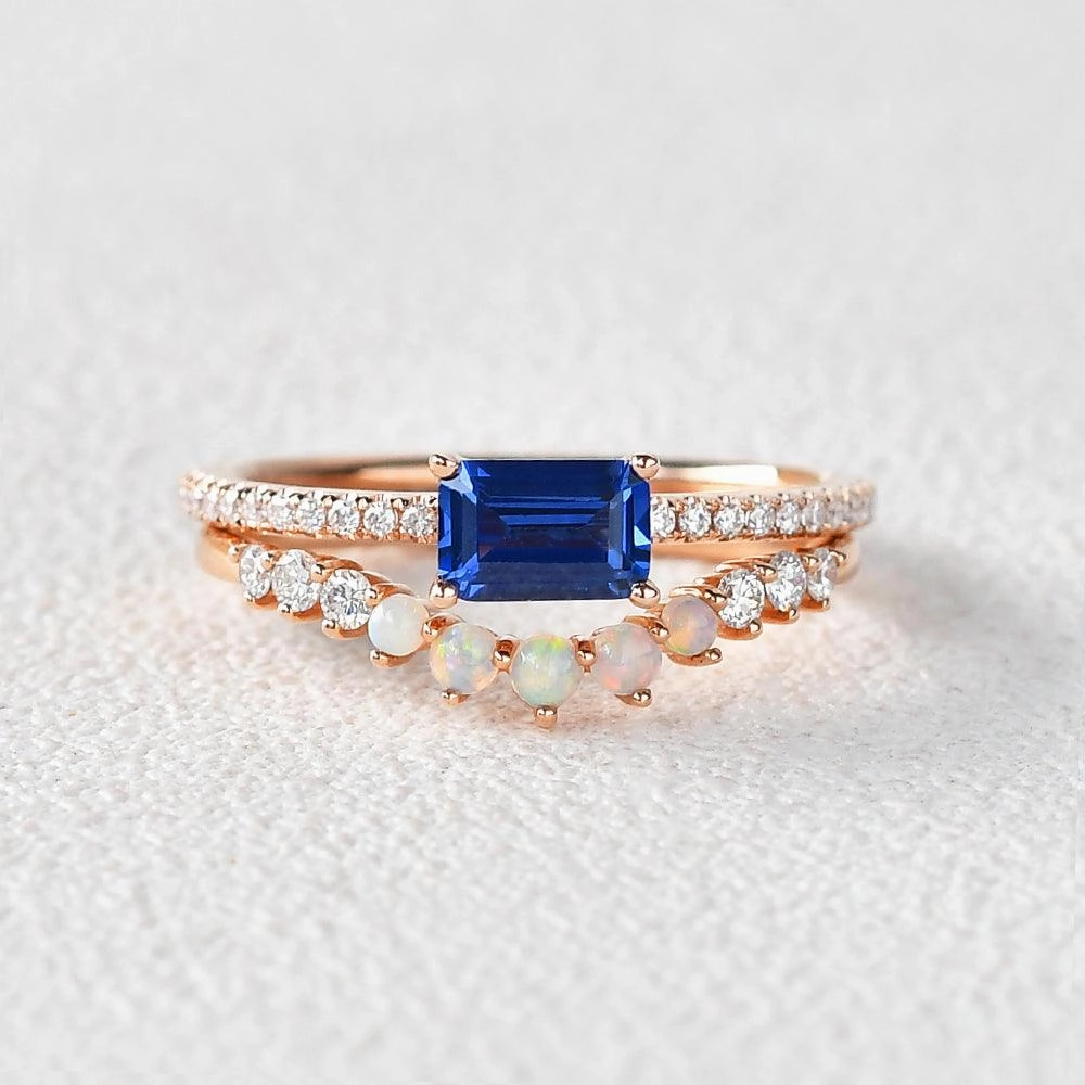 Felicegals Baguette Cut Sapphire & Opal Rinig Set 2pcs Premium Form