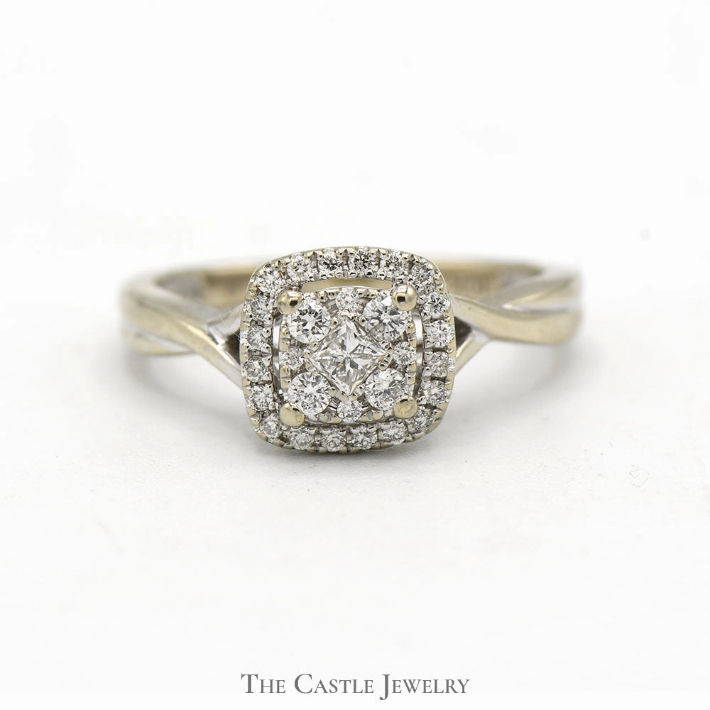 1/2cttw Diamond Cluster Engagement Ring with Diamond Halo in 10k White Gold with Twisted Sides Monogram Initial