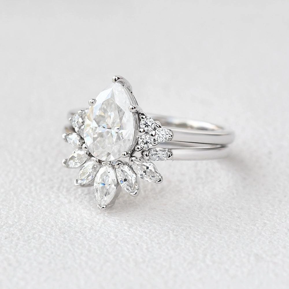 Pear Shaped Moissanite White Gold Cluster Ring Set 2pcs Fashion Trend