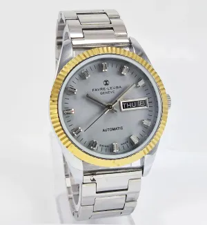 Favre Leuba Geneve Gray Dial Automatic Day Date Golden Bezel Men's Watch 17 Jewels