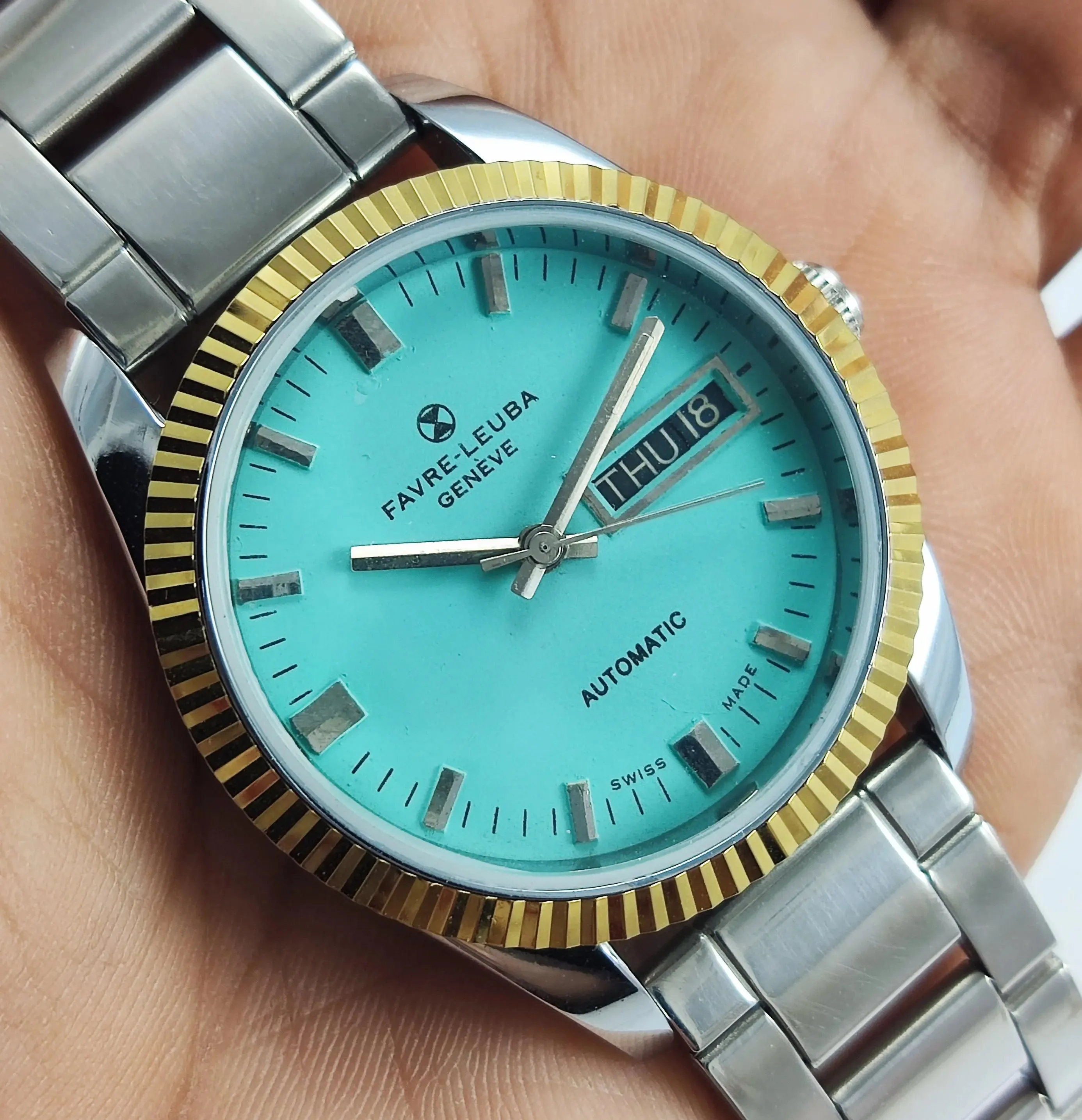 Favre Leuba Geneve Pista Green Dial Automatic 17 Jewels Golden Bezel Men's Watch