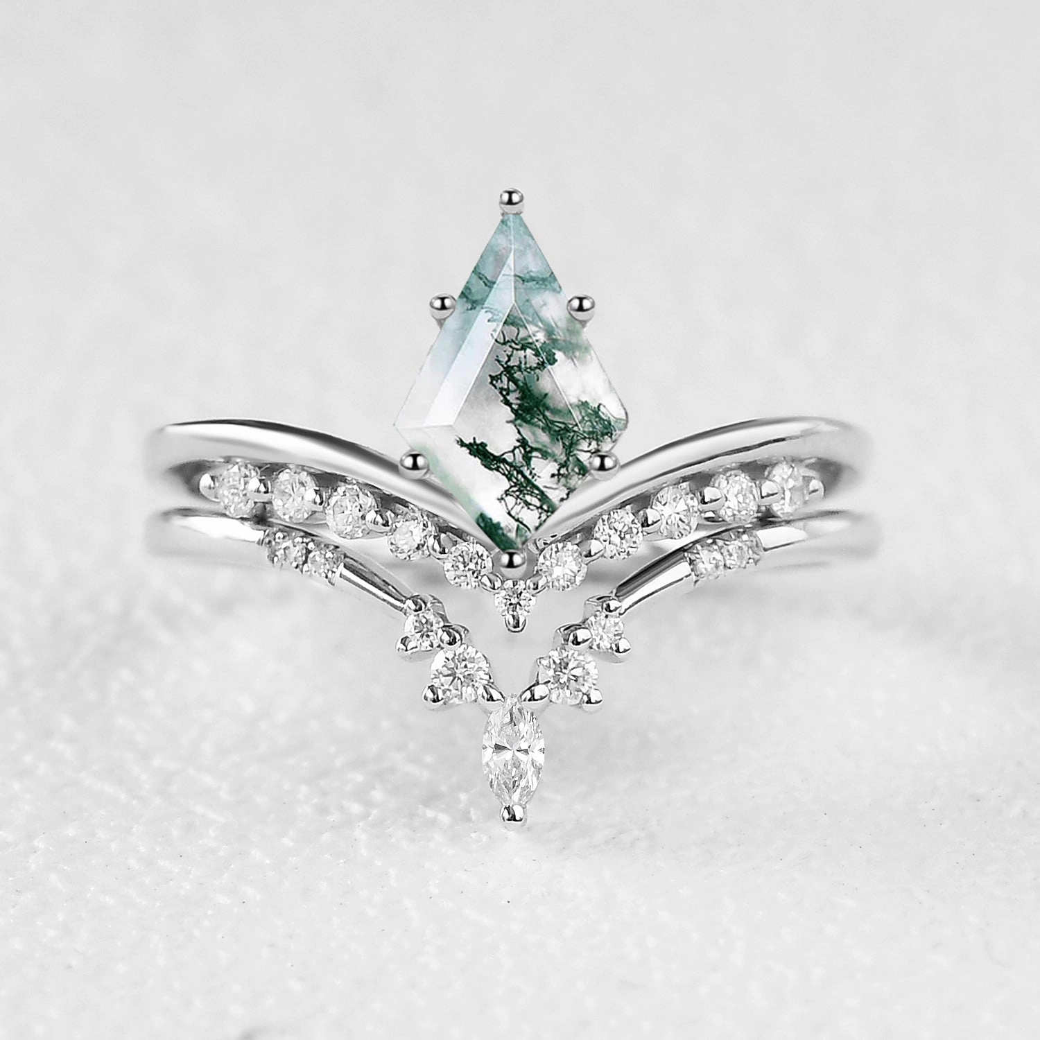 Felicegals Kite Cut Moss Agate Chevron Engagement Ring Set 2pcs Day Vibe Refined Detail