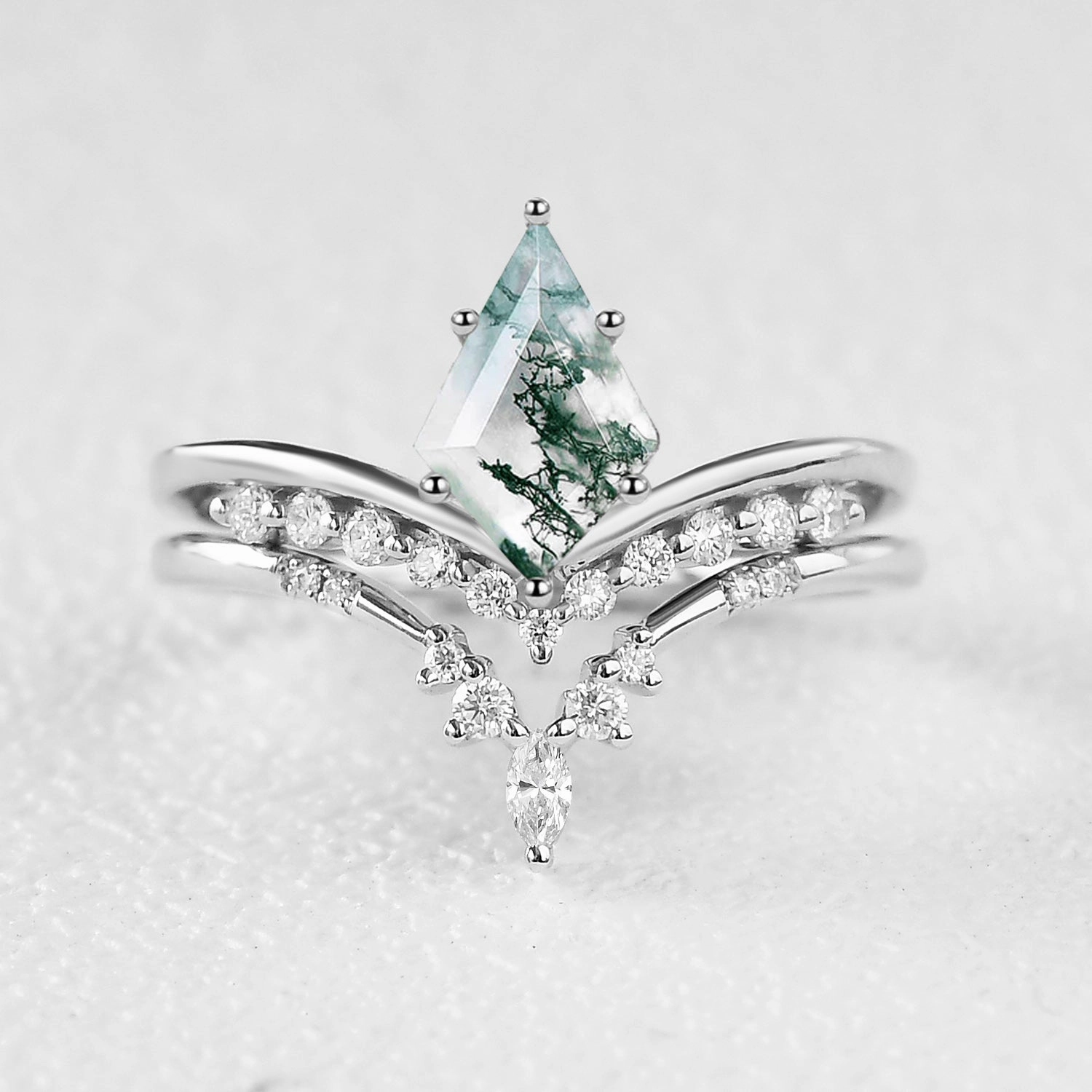 Artisan Piece Felicegals Kite Cut Moss Agate Chevron Engagement Ring Set 2pcs