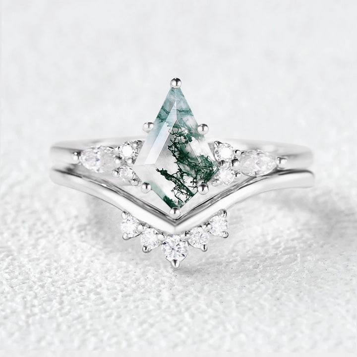Precious Glow Vivid Glow Felicegals Kite Cut Moss Agate Engagement Ring Set 2pcs